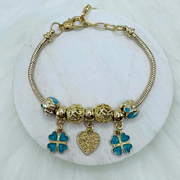 Jewelry - Heart & Clover Charm Bracelet Blue